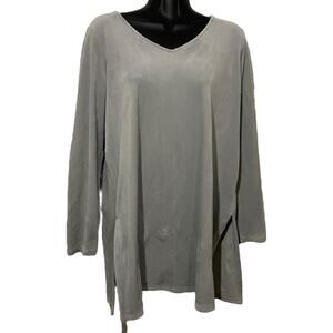 J Jill Pure Jill Womens Small Gray Velvet V Neck Side Slit Tunic Top Long Sleeve